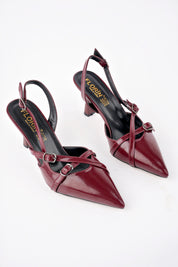 Muggo MICHELLE Guaranteed Backless Belt Detailed Two-Strap Patent Leather Women Heeled Shoes