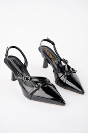 Muggo MICHELLE Guaranteed Backless Belt Detailed Two-Strap Patent Leather Women Heeled Shoes
