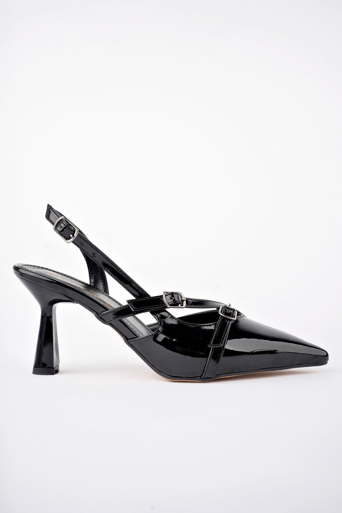 Muggo MICHELLE Guaranteed Backless Belt Detailed Two-Strap Patent Leather Women Heeled Shoes