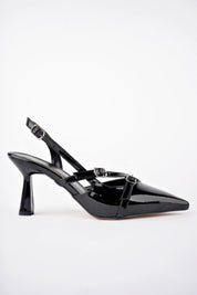 Muggo MICHELLE Guaranteed Backless Belt Detailed Two-Strap Patent Leather Women Heeled Shoes