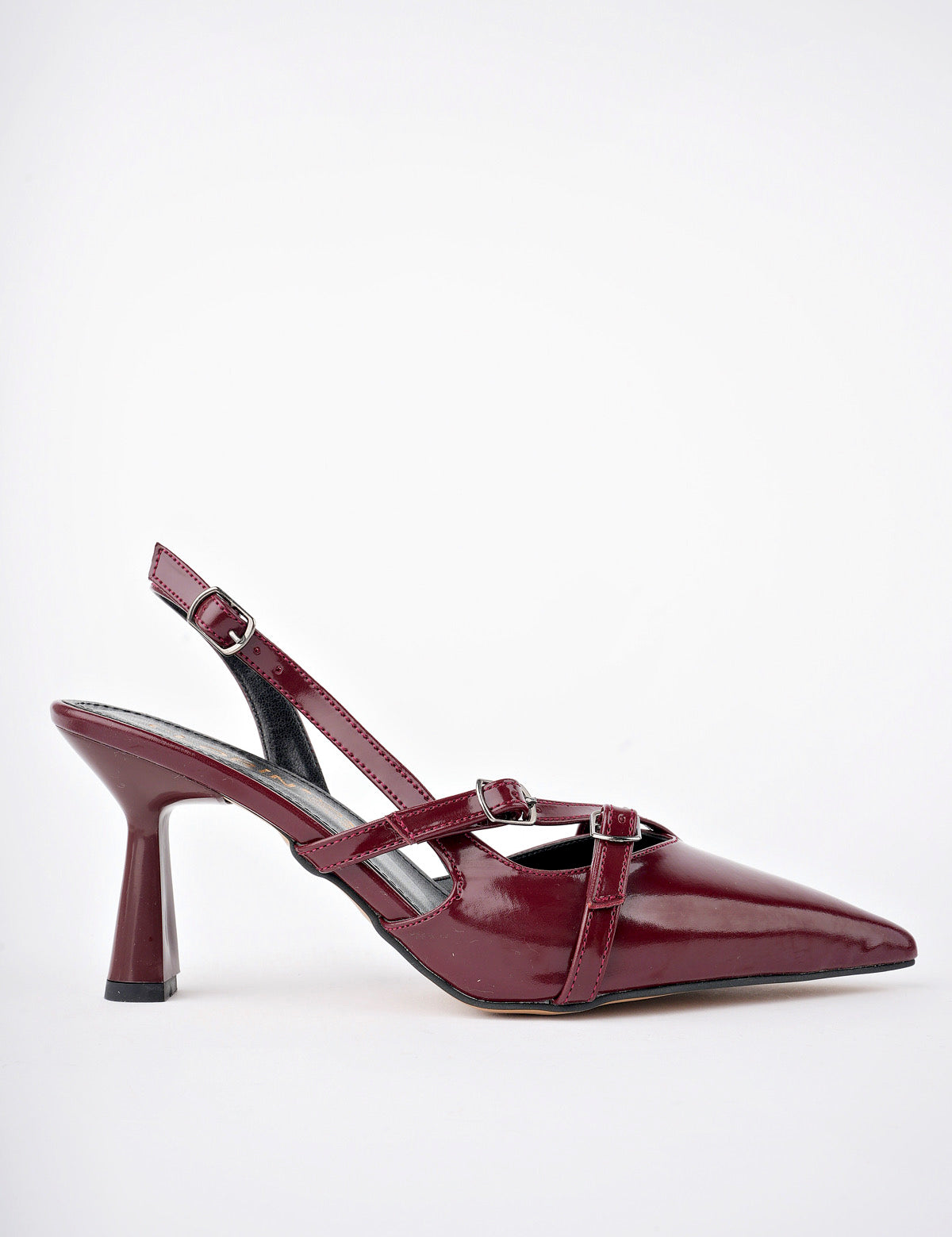 Muggo MICHELLE Guaranteed Backless Belt Detailed Two-Strap Patent Leather Women Heeled Shoes