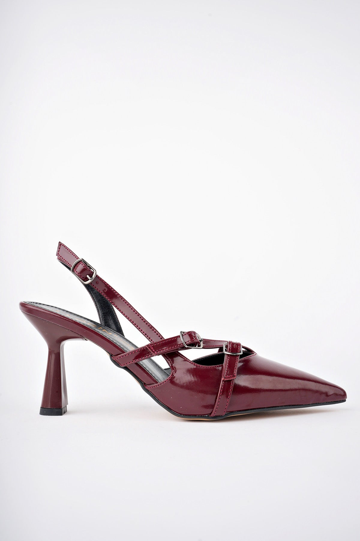 Muggo MICHELLE Guaranteed Backless Belt Detailed Two-Strap Patent Leather Women Heeled Shoes