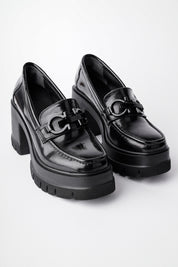 Muggo VALENCIA Guaranteed Women Thick Heeled Round-Toed Metal Buckled Loafer Casual Shoes