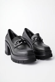 Muggo VALENCIA Guaranteed Women Thick Heeled Round-Toed Metal Buckled Loafer Casual Shoes